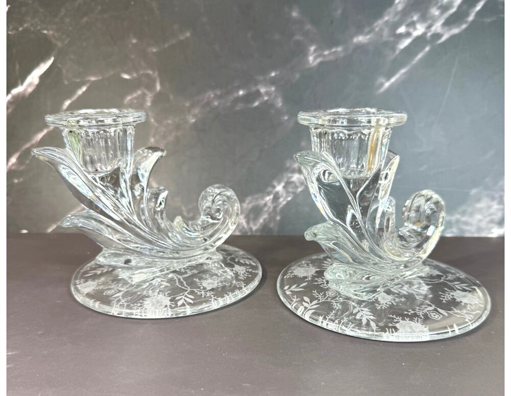 Pair Fostoria Baroque Chintz Crystal Wave Single Candlestick Holder Etched Base